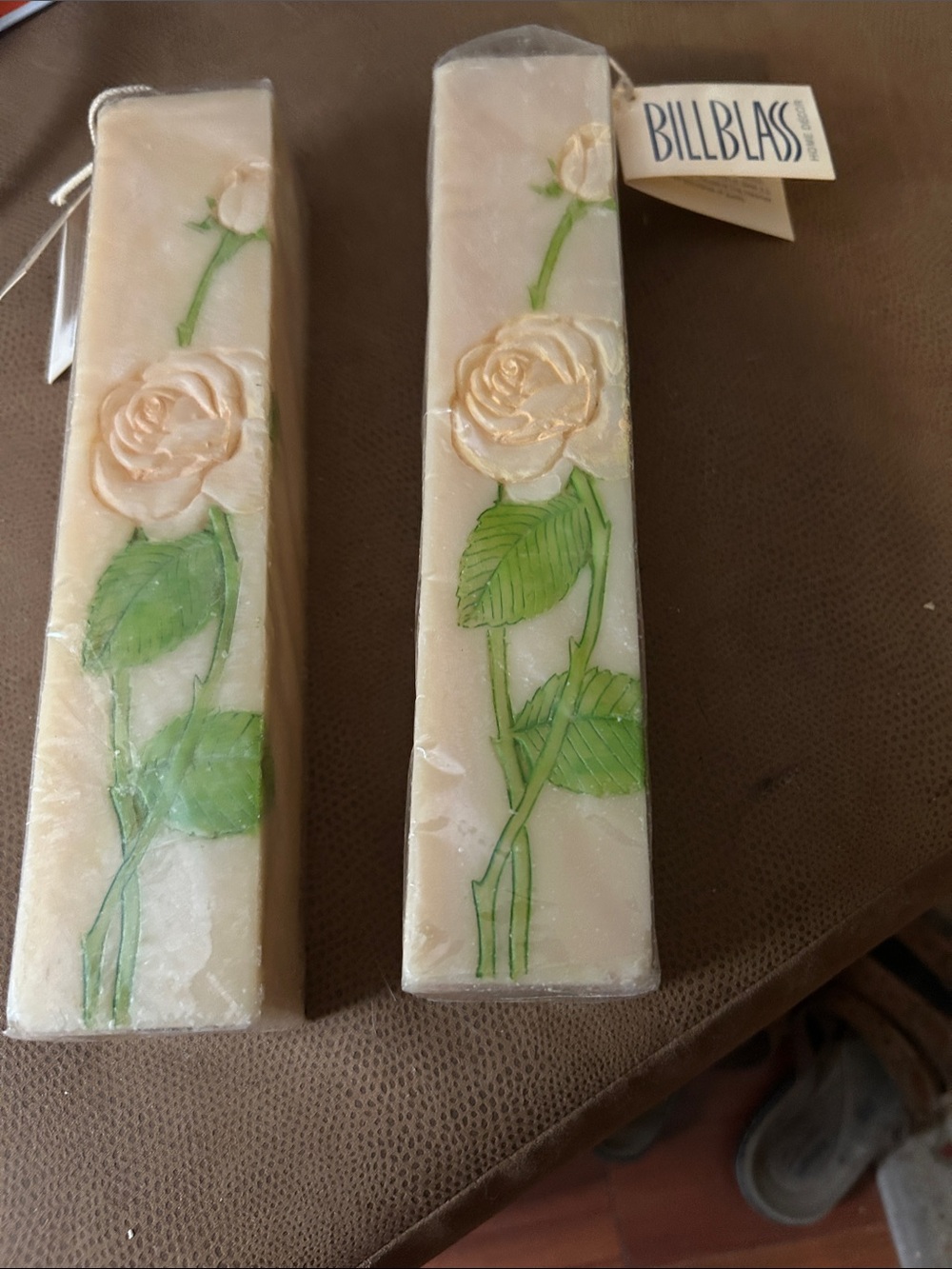 bill blass Cream Floral Relief Pillar Candles with Green Leaves